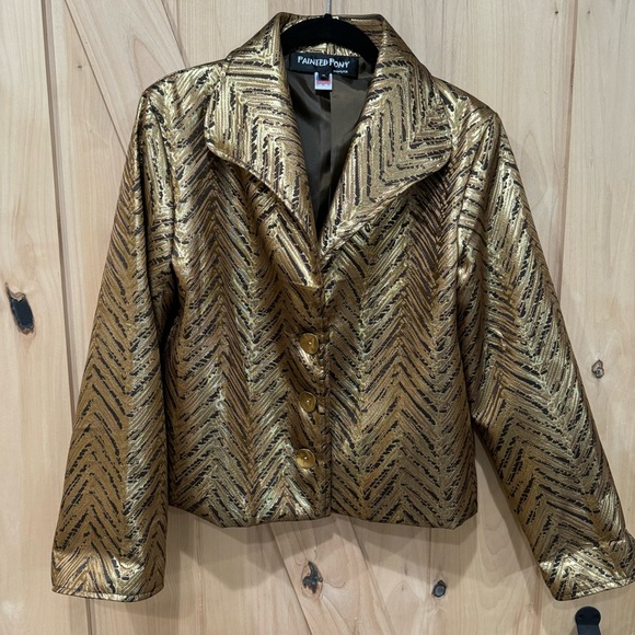 Vintage Painted Pony Wearable Art Geometric Gold Jacket Size Small Shimmer Coat - Picture 14 of 15